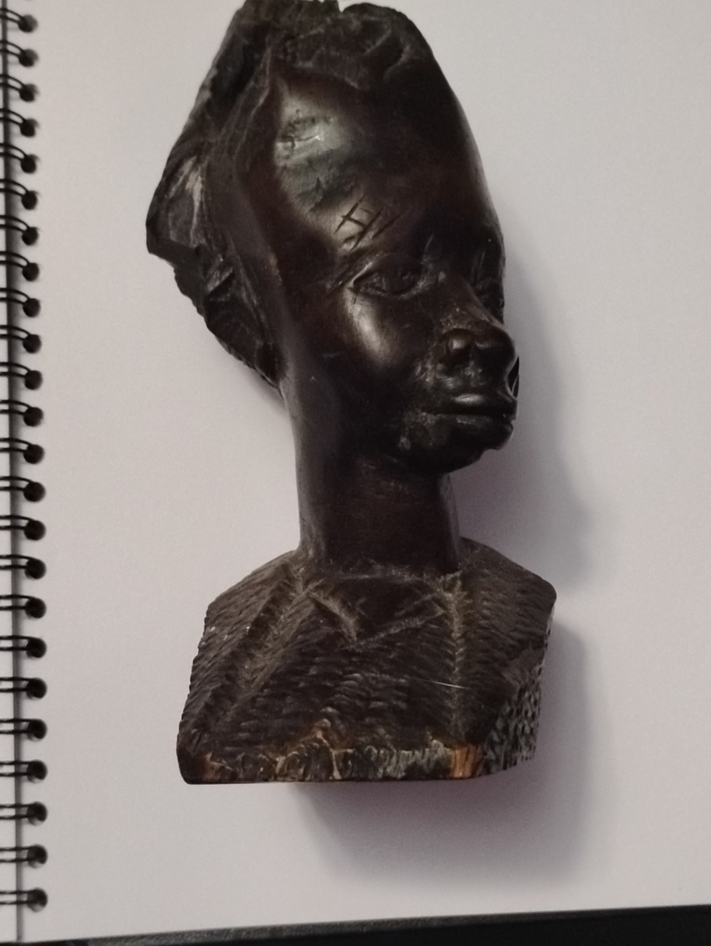 Source Unknown Hand-Carved Black Wood Bust Sculpture